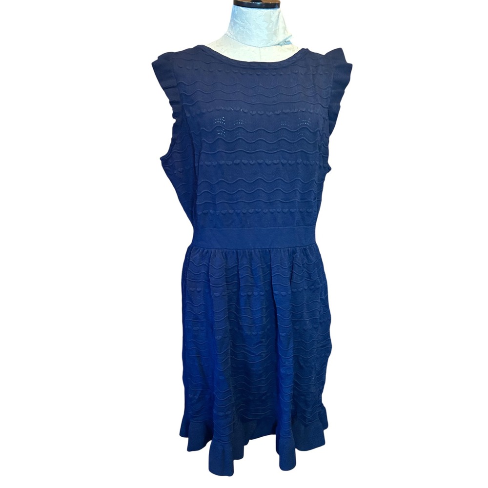 Kate Spade Navy Blue Ruffle Knit Fit Flare Dress Plus XXL Pointelle Wavy Texture